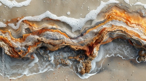 Intricate driftwood washed by waves on a sandy beach.  Layers of color and texture in the wood, meeting the foamy, flowing water.  Natural beauty in the interaction of land and sea.