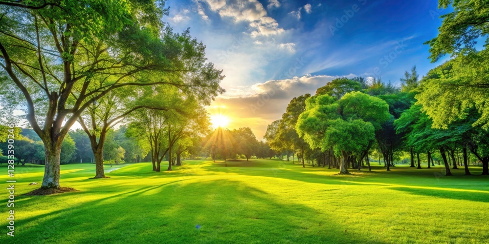 Obraz premium Vibrant green park scenery, a lush grass field, nature's spring and summer beauty.