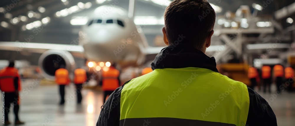 custom made wallpaper toronto digitalAirline maintenance worker observing airplane in hangar with team of professionals in safety gear collaborating on aircraft repairs and operations.