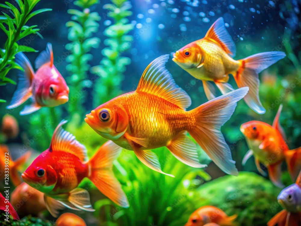 Vibrant orange, red, and yellow goldfish contrast beautifully within their green, blue, and turquoise tank. Vibrant orange, red, and yellow goldfish contrast beautifully within their green, blue, and turquoise tank.