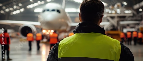 Wallpaper Mural Airline maintenance worker observing airplane in hangar with team of professionals in safety gear collaborating on aircraft repairs and operations. Torontodigital.ca