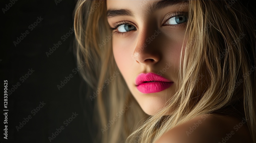 Fototapeta premium Beautiful model with bright pink lips, face half in shadow, dramatic side light