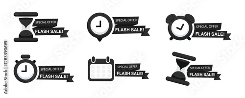 Flash sales shopping promotional labels vector set. Set of sale countdown badges. Sale timer banners. Last day, last hour and last minute offer.