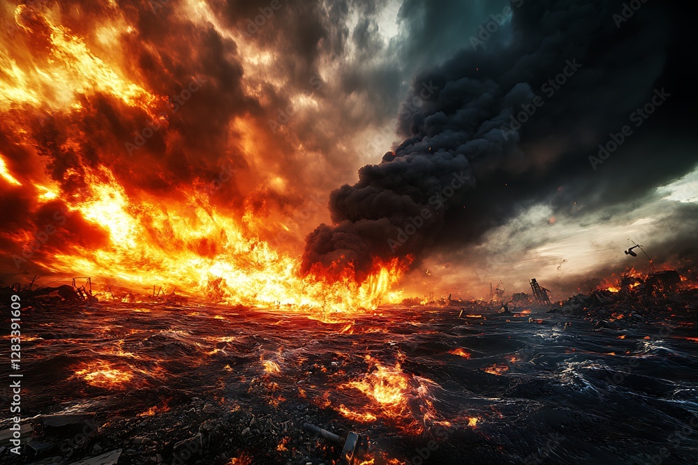 Fototapeta premium A raging fire engulfs ruins, thick black smoke rising into the sky.