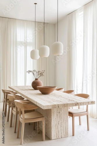 Bright modern dining room with a long travertine dining table, sculptural wooden chairs, a minimalist ceramic centerpiece, sheer linen drapes