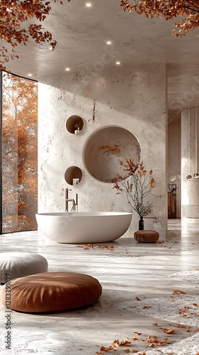 Tranquil Bathscape: A serene bathroom bathed in natural light, featuring a minimalist oval bathtub, natural stone accents, and autumnal foliage, creating a calming oasis.