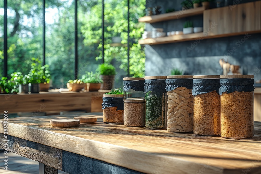 Eco-friendly food packaging options displayed on a rustic wooden table in a plant-filled space Eco-friendly food packaging options displayed on a rustic wooden table in a plant-filled space