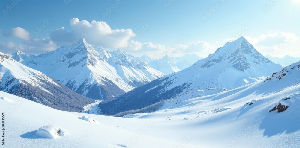 Fototapeta premium Serene snowy landscape with snow-capped mountains in the background, icy hills, snowy scene