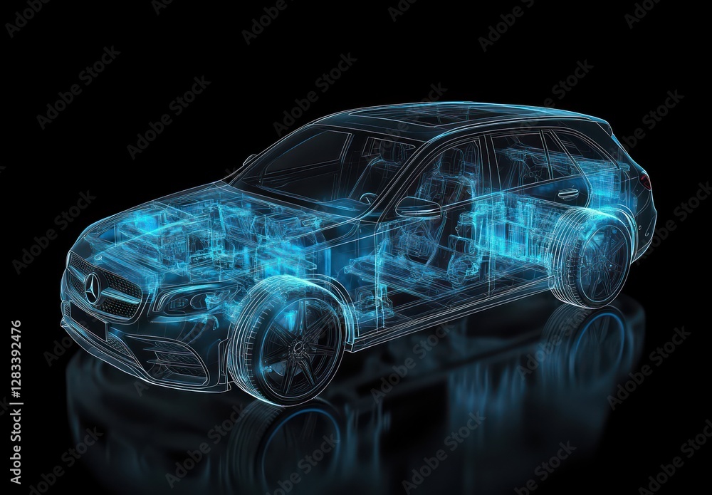 3D Anatomical Illustration of SUV Car with X-Ray Effect Showing Airbag System and Interior Components 3D Anatomical Illustration of SUV Car with X-Ray Effect Showing Airbag System and Interior Components