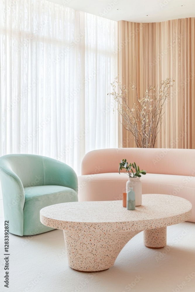 Eclectic modern living room featuring a modular boucle sectional in soft pink and mint tones, a curved powder blue velvet armchair, a terrazzo coffee table Eclectic modern living room featuring a modular boucle sectional in soft pink and mint tones, a curved powder blue velvet armchair, a terrazzo coffee table