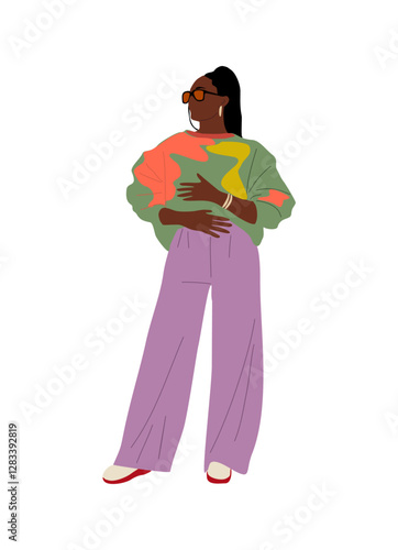Modern black woman. Stylish african american girl in fashionable smart casual outfit. Street fashion concept. Pretty young female character. Realistic vector illustration isolated