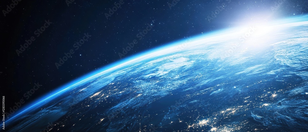 Fototapeta premium Earth from space showing sunrise over the horizon with glowing city lights, showcasing planet beauty and vast universe in stunning cosmic imagery.
