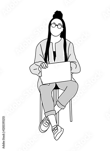 African American Business woman sitting on office chair with laptop. Pretty lady boss with afro hair. Modern vector simple outline hand drawn illustration Isolated