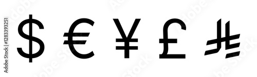 nternational currency symbol icons. Currency symbols. Dollar, Euro, Pound, Riyal, Rupee, Yen or Yuan, Franc, Won, Renminbi and Turkish lira se. Money kind icons. Vector Illustration. Vector graphic.