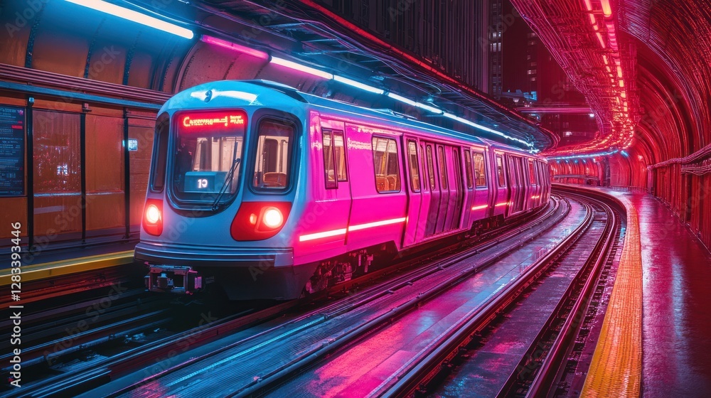 Obraz premium Neon Pink Train Tunnel Subway Ride