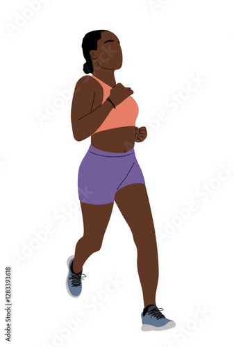 Young african american Sports woman running. Healthy active lifestyle. Maraphon, Sprint, jogging, warming up. Female athlete character vector illustration isolated