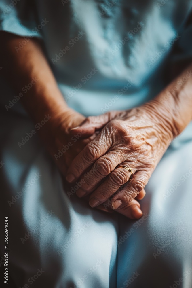 Fototapeta premium Elderly hands resting on lap, showcasing aged skin and details, symbolizing care, wisdom, and the beauty of aging in a serene and comforting environment.