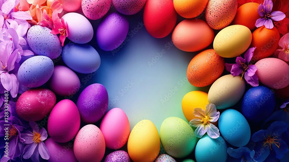 Obraz premium A colorful wreath of eggs and flowers on a blue background with a white flower in its center