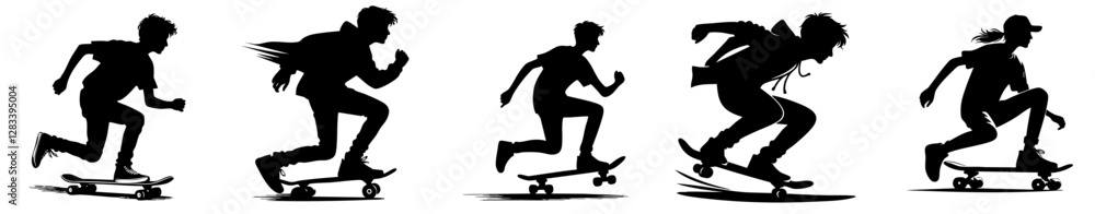 An isolated black vector silhouette of a teenager riding a skateboard, shown cruising along against a plain white background. An isolated black vector silhouette of a teenager riding a skateboard, shown cruising along against a plain white background.