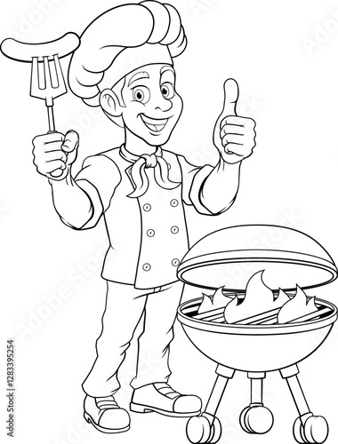 A chef cartoon barbecue cook out brazier cook man. Giving a thumbs up and holding a hotdog or grilled sausage on a BBQ fork mascot character illustration.