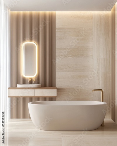modern bathroom featuring a sculptural stone freestanding bathtub, a floating travertine vanity, a backlit fluted mirror, brushed brass fixtures