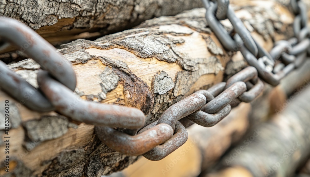 Rusty metal chain holding stack of logs together Rusty metal chain holding stack of logs together