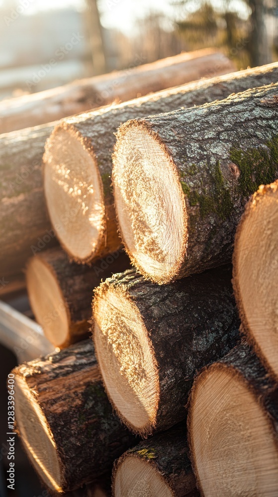 Stack of logs glowing in golden sunlight at lumber yard Stack of logs glowing in golden sunlight at lumber yard