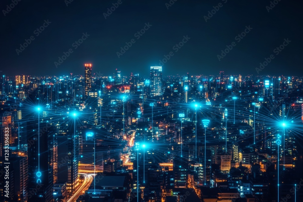 custom made wallpaper toronto digitalFuturistic city landscape at night It lights up with a glowing blue wireless signal representing 5G technology.