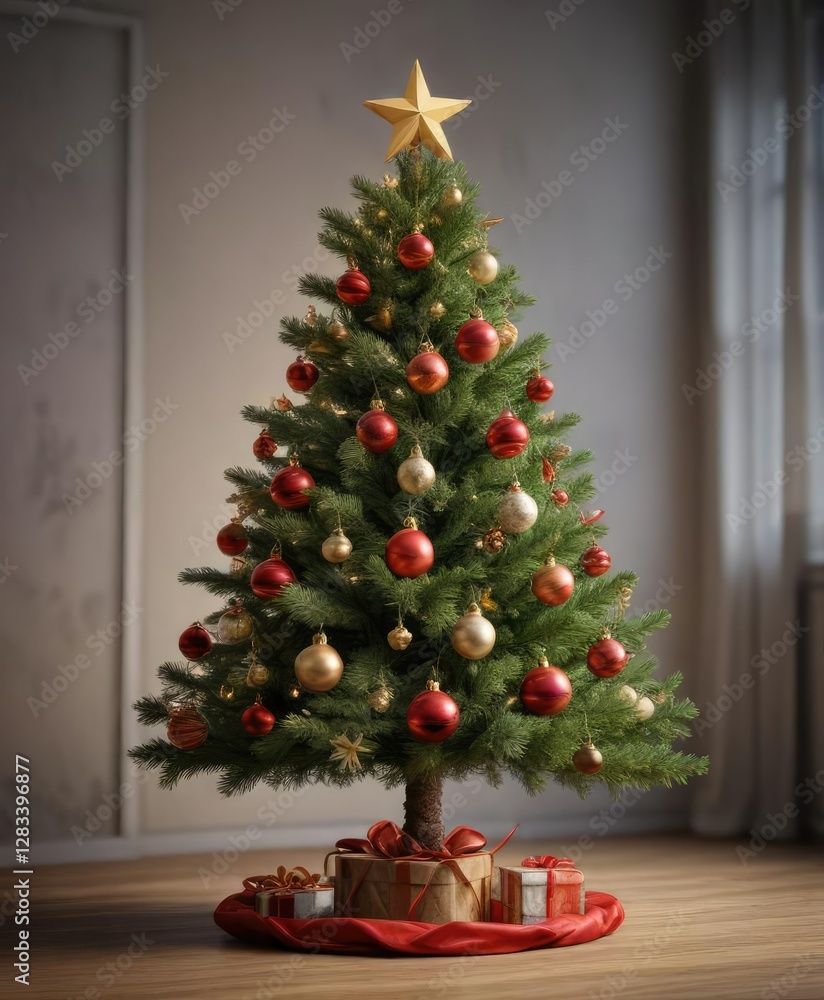 A pine Christmas tree decorated with ornaments and a star on top , holiday, festive A pine Christmas tree decorated with ornaments and a star on top , holiday, festive