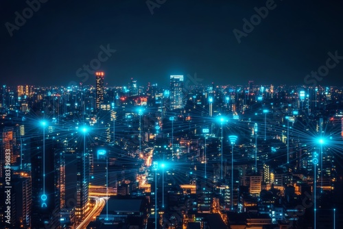 Wallpaper Mural Futuristic city landscape at night It lights up with a glowing blue wireless signal representing 5G technology. Torontodigital.ca