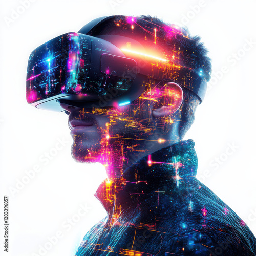 Person wearing virtual reality headset immersed in an augmented world, neon glowing elements, isolated white background, futuristic technology theme, cinematic 8K hyper-realism 