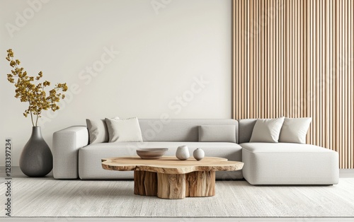 Fototapeta Naklejka Na Ścianę i Meble -  Living room featuring a Scandinavian pale gray sectional, a rustic live edge wooden coffee table, a light oak slatted accent wall, and ceramic decor