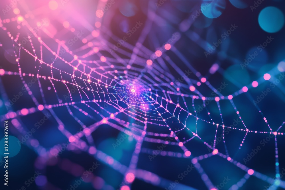 Spider's web, woven with light blue and purple fibers. small glowing nodes Pulses along the fibers. Spider's web, woven with light blue and purple fibers. small glowing nodes Pulses along the fibers.