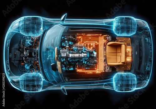 Futuristic 3D Illustration of Car Interior and Engine with X-Ray Effect and Neon Blue Lighting from Top View