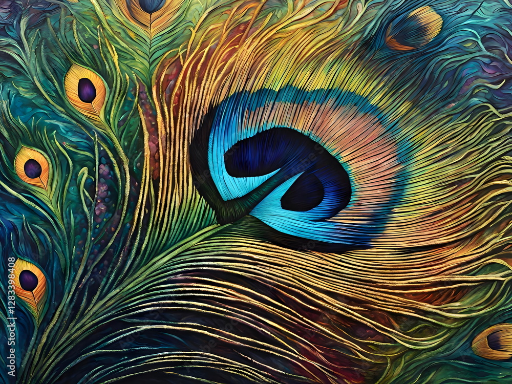 Obraz premium Vivid representation of peacock feather with artistic vibrant colors.