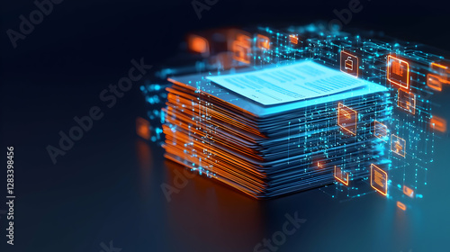 Digital Data Stack Glowing With Blue And Orange Pixelated Lights Against Dark Background