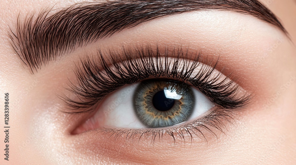 Close-up of a womans eye with long eyelashes, soft window light from left Close-up of a womans eye with long eyelashes, soft window light from left