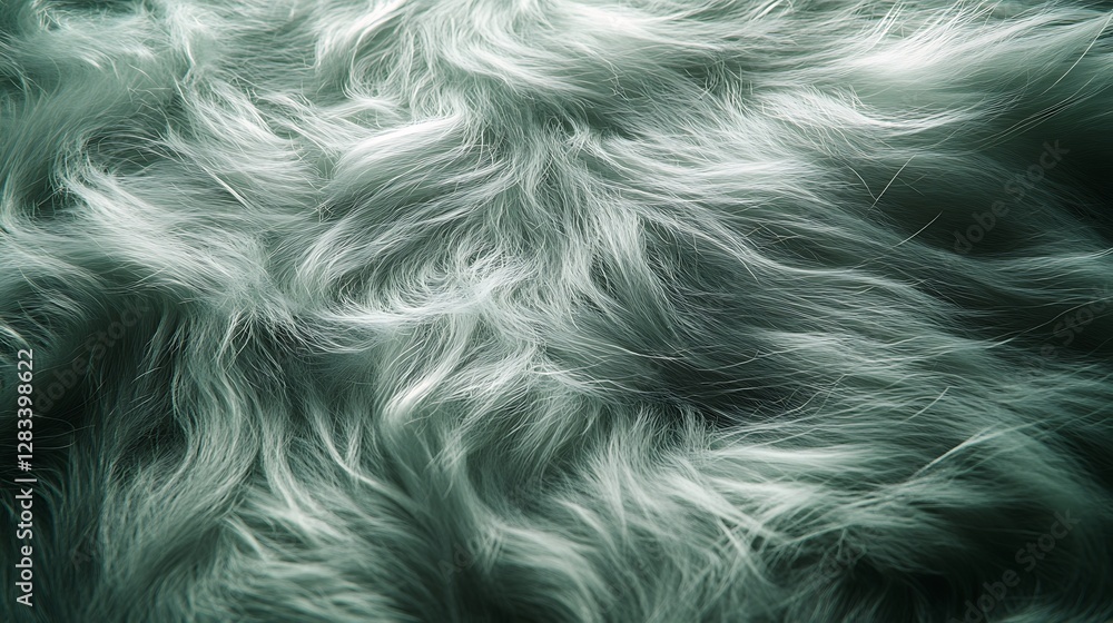 Obraz premium Macro image of soft fur blending from muted sage green to pale gray, intricate fine strands glowing under ambient light, silky textures arranged in flowing patterns, realistic and detailed,