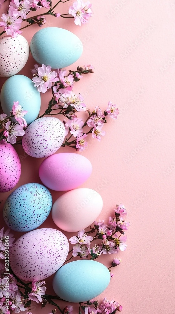 A cluster of Easter eggs lay on a pastel-colored background beside a blooming cherry tree branch A cluster of Easter eggs lay on a pastel-colored background beside a blooming cherry tree branch