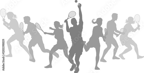 Silhouette Tennis players set. Active sports people healthy players fitness silhouettes concept.