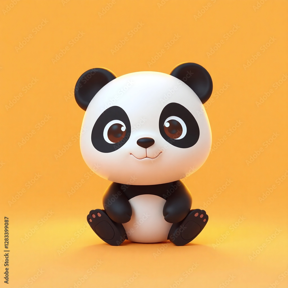 Naklejka premium Warm golden glow depicting a super cute 3D panda character minimalist chibi design smooth soft rounded shapes glossy toy-like texture warm pastel palette simple clean background soft lighting.