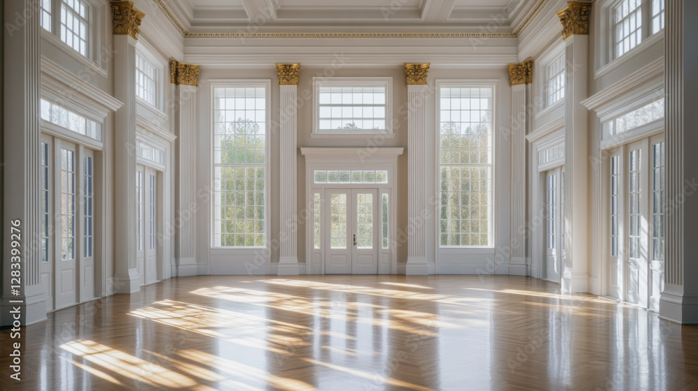 Fototapeta premium Elegant Sunlit Ballroom with Classic Architectural Details