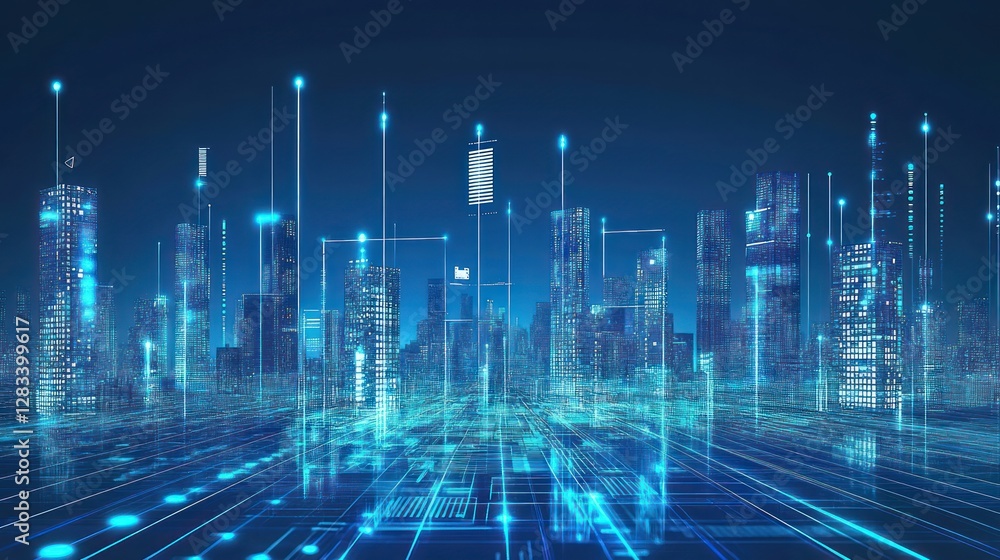 Futuristic Smart Cityscape: Digital Metropolis at Night Futuristic Smart Cityscape: Digital Metropolis at Night
