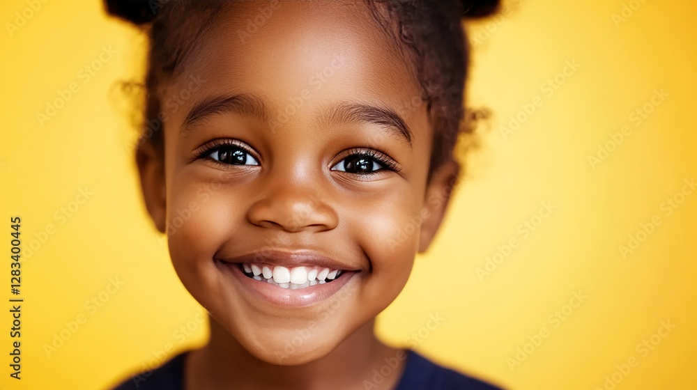 Close-up portrait of a joyful African-American girl with a bright smile, yellow solid background, soft diffused lighting Close-up portrait of a joyful African-American girl with a bright smile, yellow solid background, soft diffused lighting