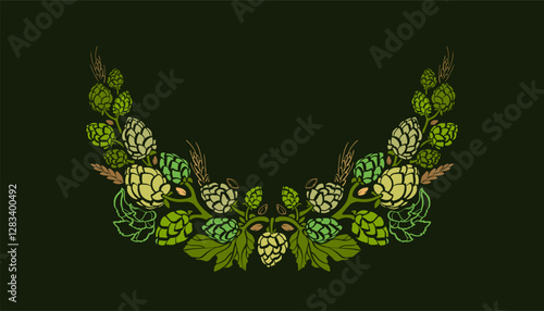 Vintage craft beer symbol. Hops, barley ear, wheat