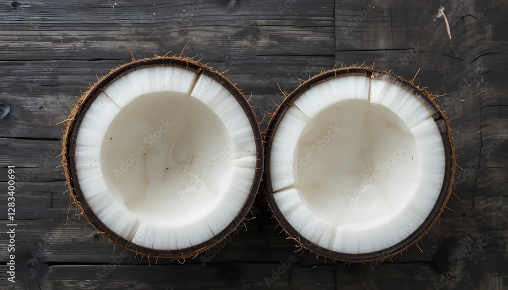 Halved Coconut on Dark Wood for Fresh Tropical Healthy Food