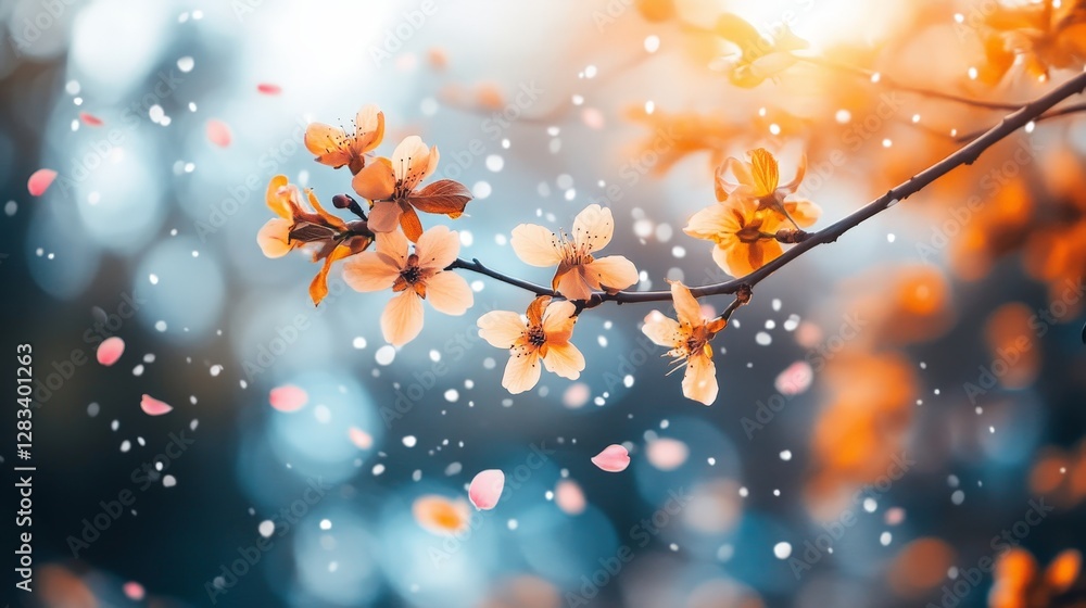 A serene scene of blooming flowers with petals falling, creating a dreamy atmosphere. A serene scene of blooming flowers with petals falling, creating a dreamy atmosphere.