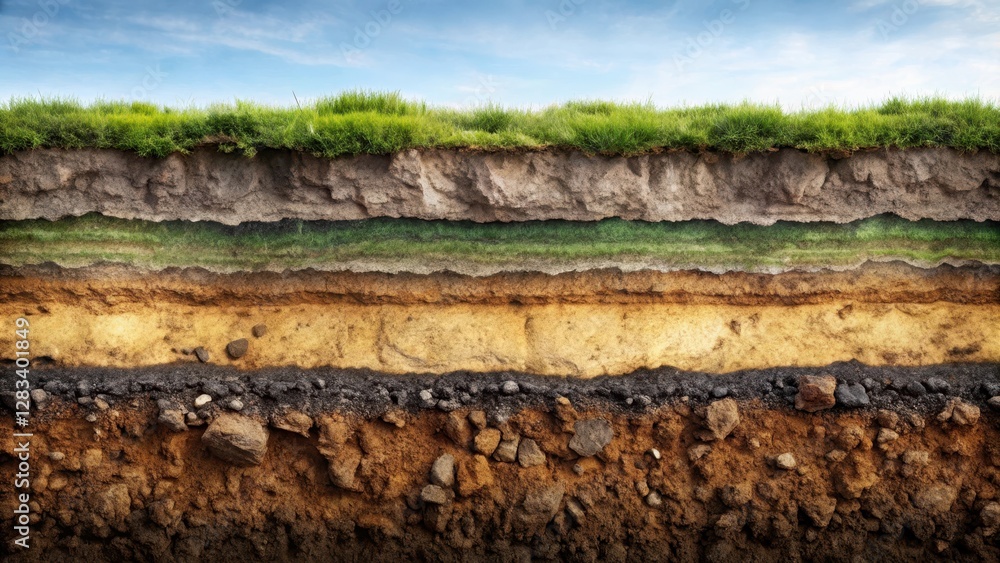 Dark layers of soil and rock visible in a cross-section of underground earth, subsoil Dark layers of soil and rock visible in a cross-section of underground earth, subsoil