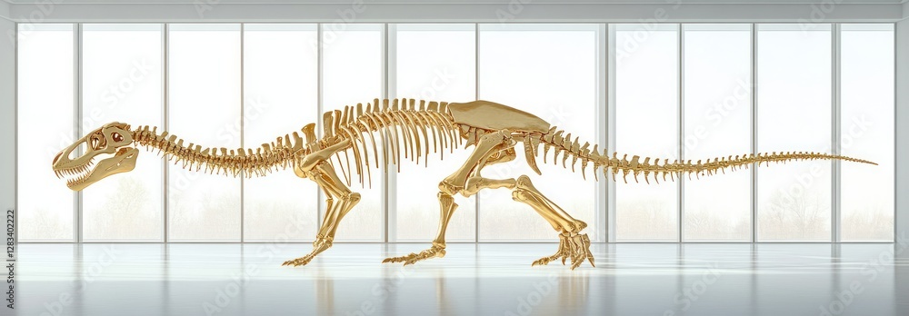 Obraz premium Golden Diplodocus Dinosaur Skeleton in Minimalistic Gallery with Natural Light