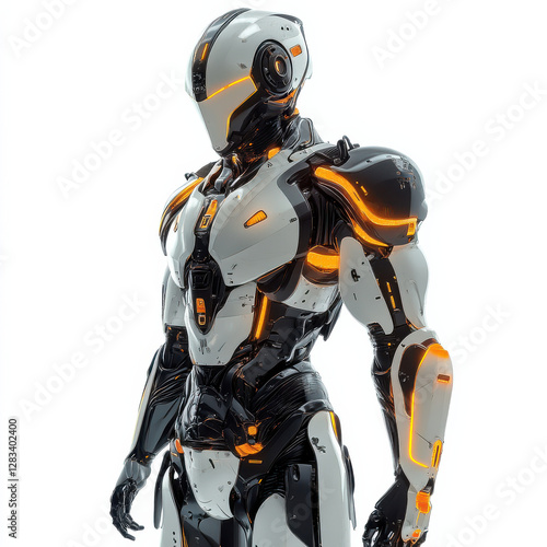 High-tech 3D rendering of a futuristic robot with glowing parts, isolated white background, cinematic 11K hyper-realism 